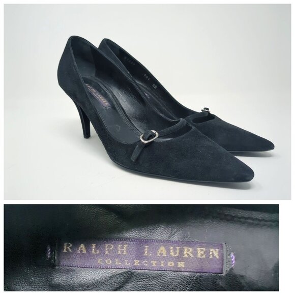 Ralph Lauren Suede Heels 9 Black Purple Label - Picture 1 of 15